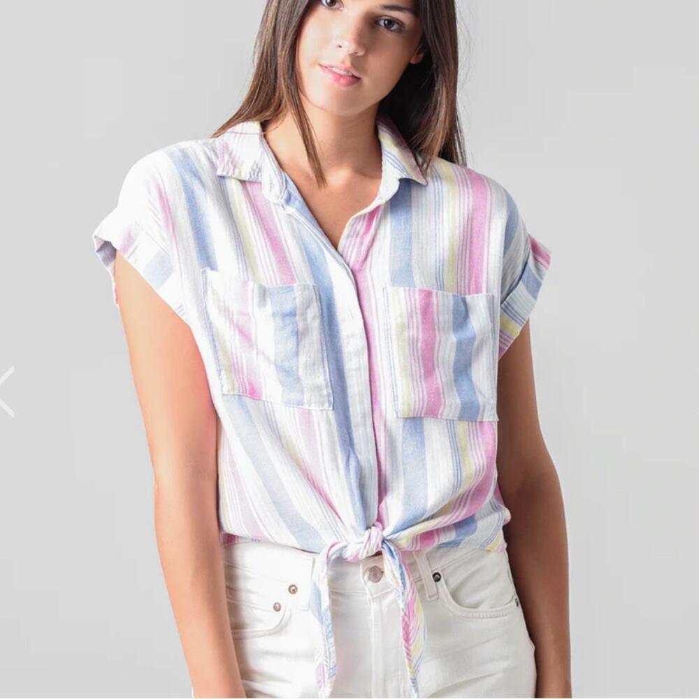 Bella Dahl Women's Cap Sleeve‎ Tie-Up Front Striped Button Down Shirt Size S